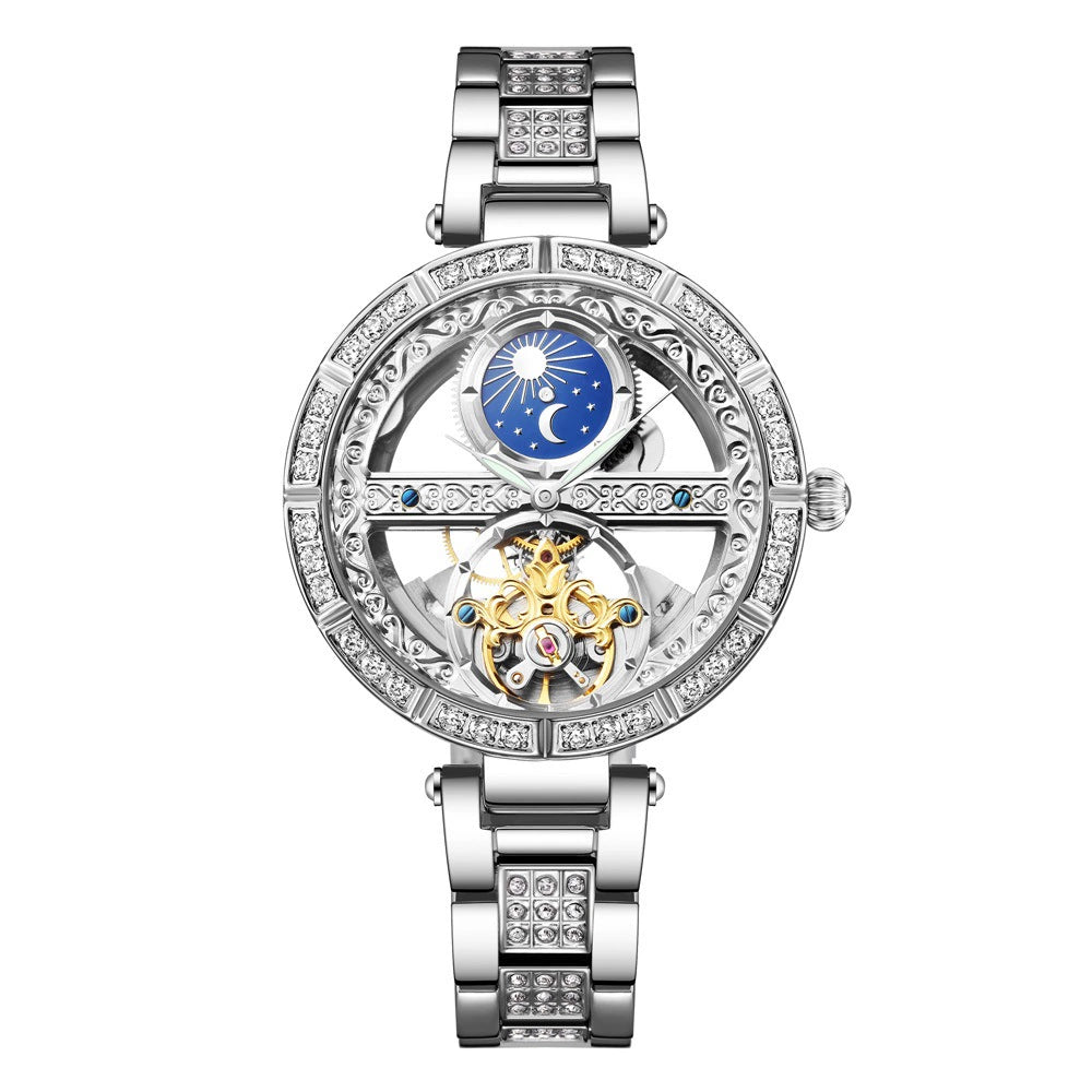 Reloj Mecánico Automático para Mujer - Diseño Luna Calado con Diamantes Incrustados