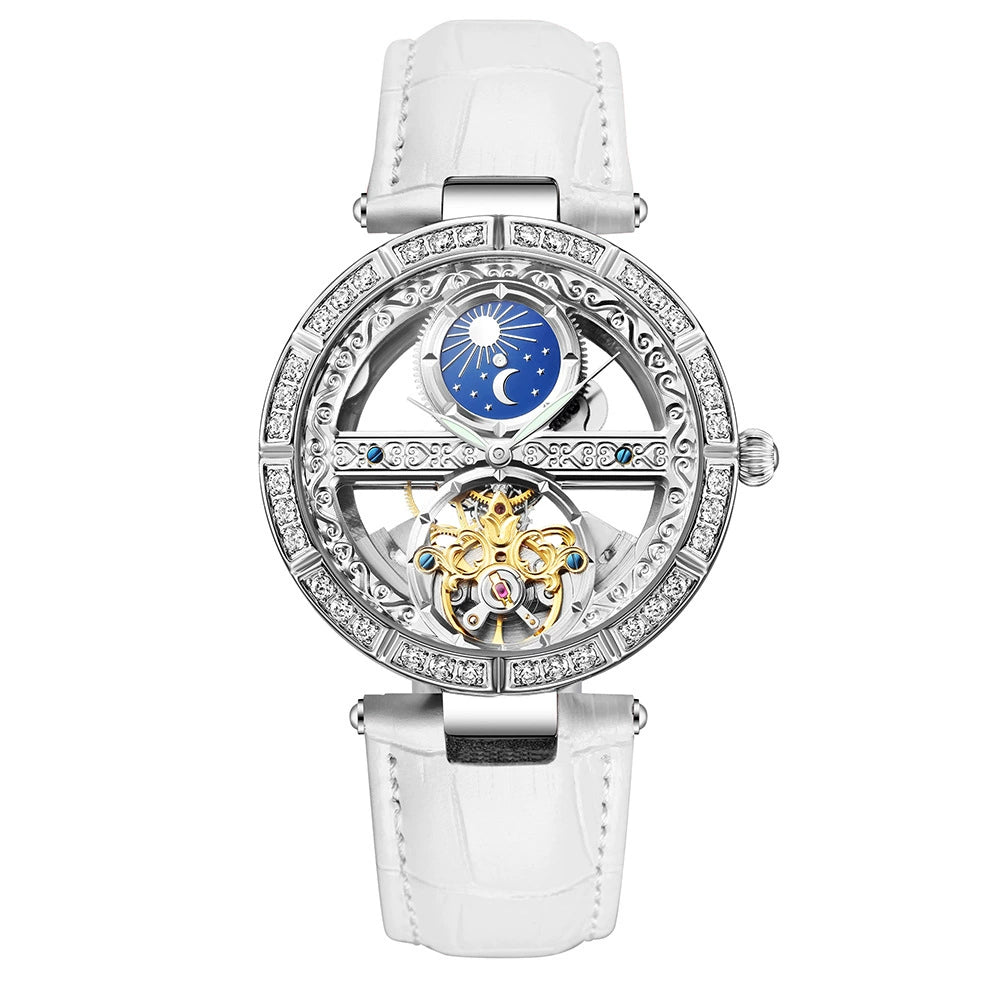 Reloj Mecánico Automático para Mujer - Diseño Luna Calado con Diamantes Incrustados