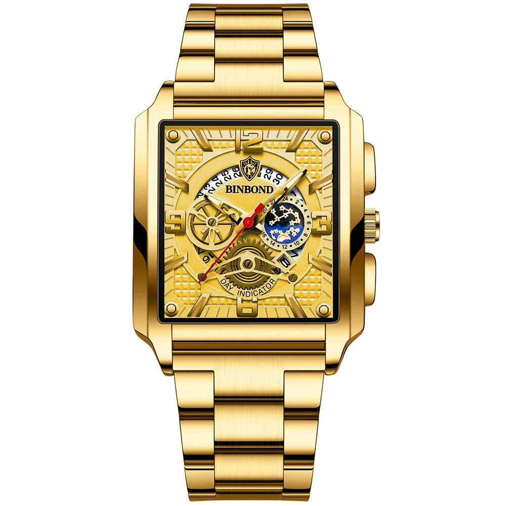 Reloj deportivo multifuncional dorado con calendario cuadrado