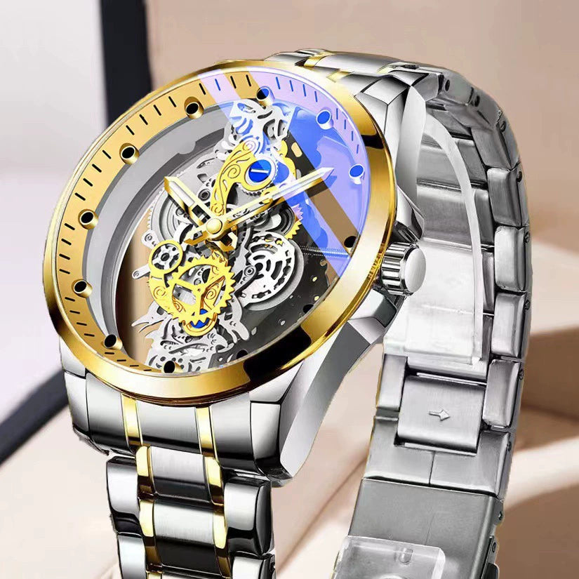 Auténtico reloj de pulsera nuevo de doble cara con mecanismo esqueletizado para hombre