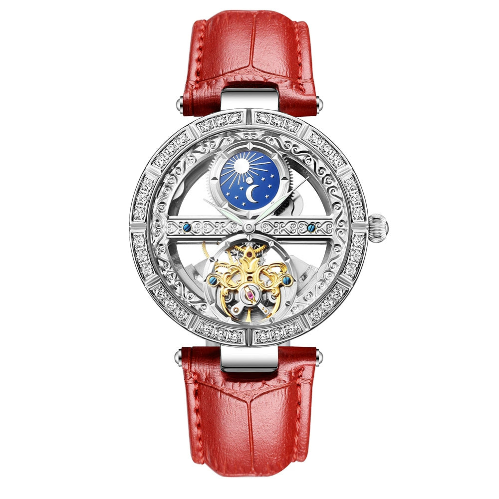 Reloj Mecánico Automático para Mujer - Diseño Luna Calado con Diamantes Incrustados